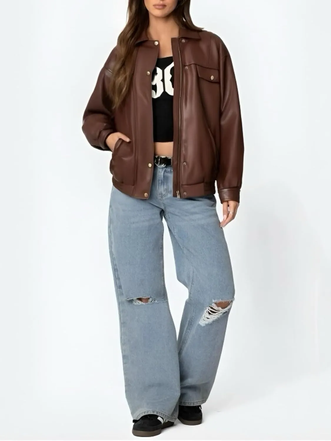 Womens Oversized Leather Jackets Faux Zip Up Motorcycle Bomber Coat Fall Trendy Winter Outfits