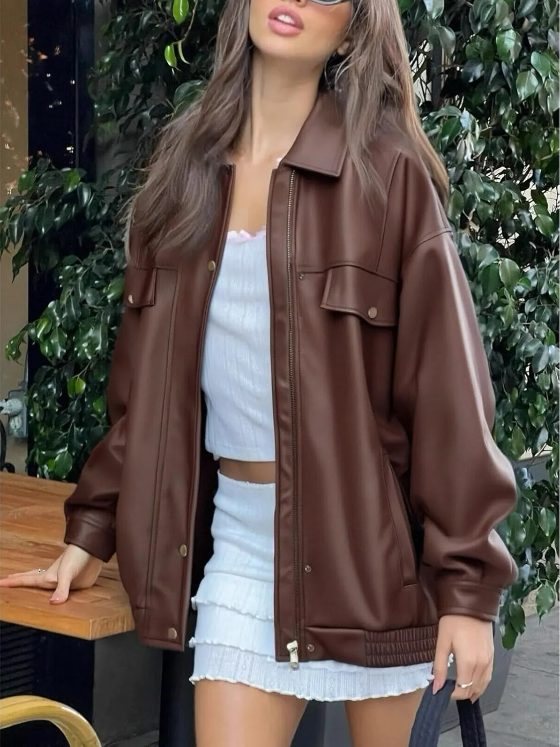 Womens Oversized Leather Jackets Faux Zip Up Motorcycle Bomber Coat Fall Trendy Winter Outfits