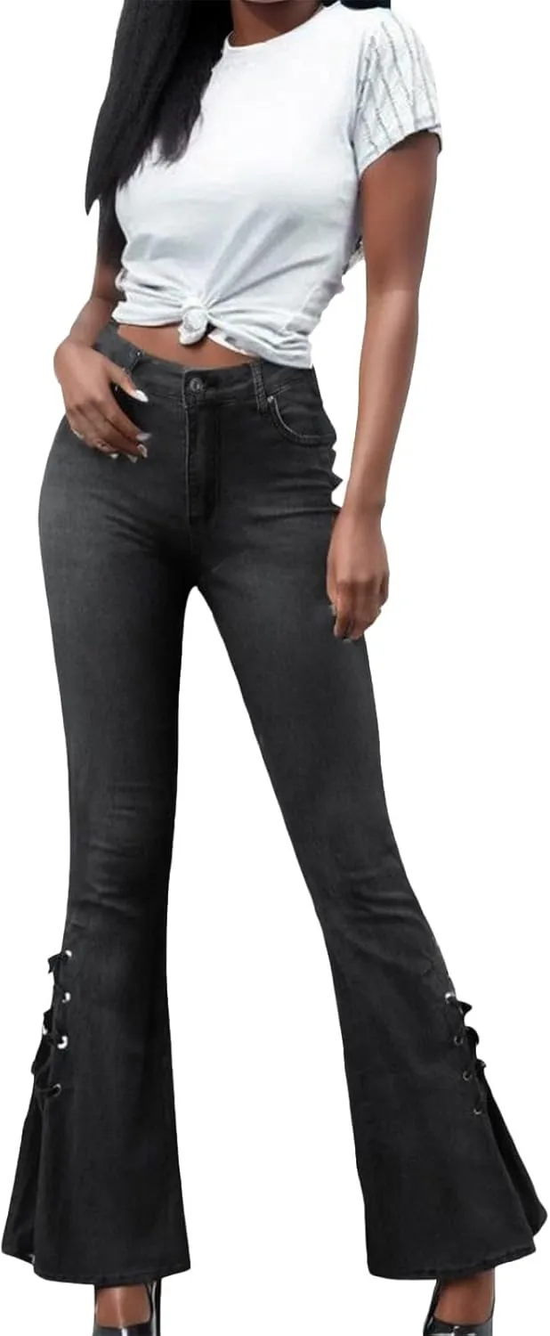 Women's Ripped Flare Bell Bottom Mid Waist Lace Up Hole Stretch Vintage Baggy Denim Jeans Pants Trousers Streetwear 4X-Large