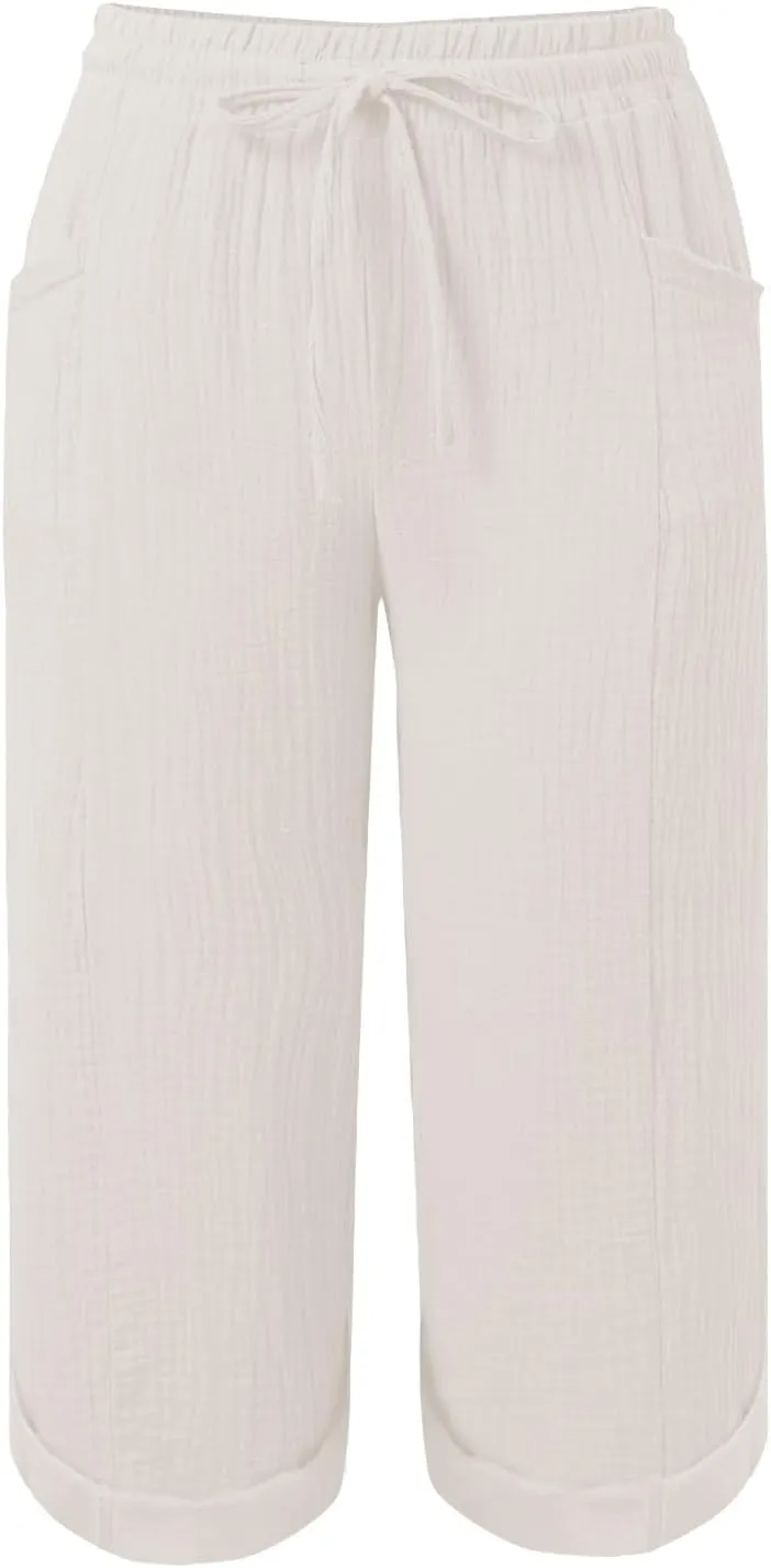 Womens Summer Capris Cotton Linen Sweat Pants Casual Loose Comfy Trendy Elastic Waist Cropped Trouser Beach Clothes