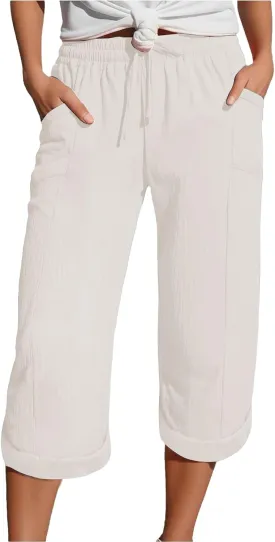 Womens Summer Capris Cotton Linen Sweat Pants Casual Loose Comfy Trendy Elastic Waist Cropped Trouser Beach Clothes