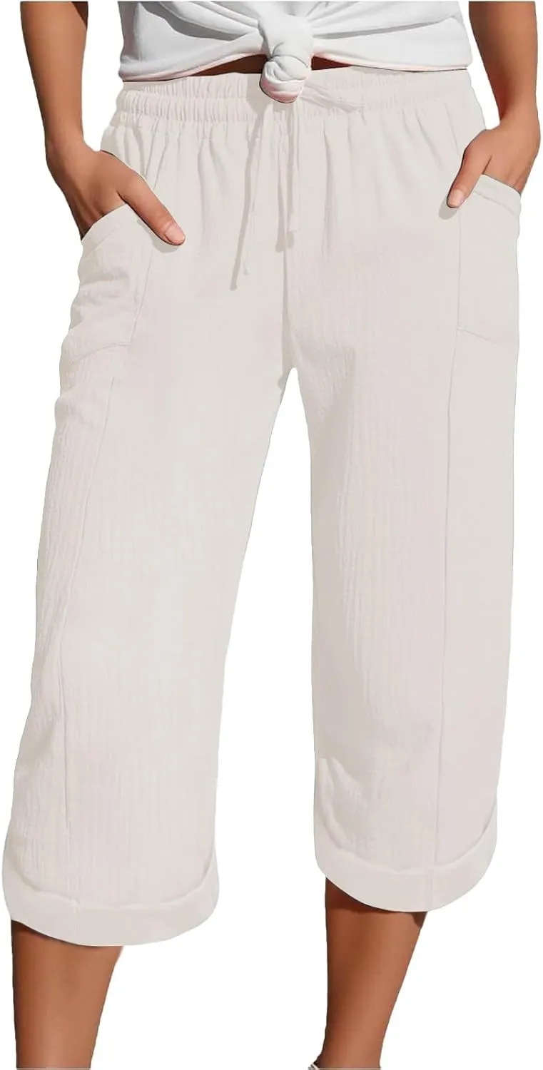 Womens Summer Capris Cotton Linen Sweat Pants Casual Loose Comfy Trendy Elastic Waist Cropped Trouser Beach Clothes