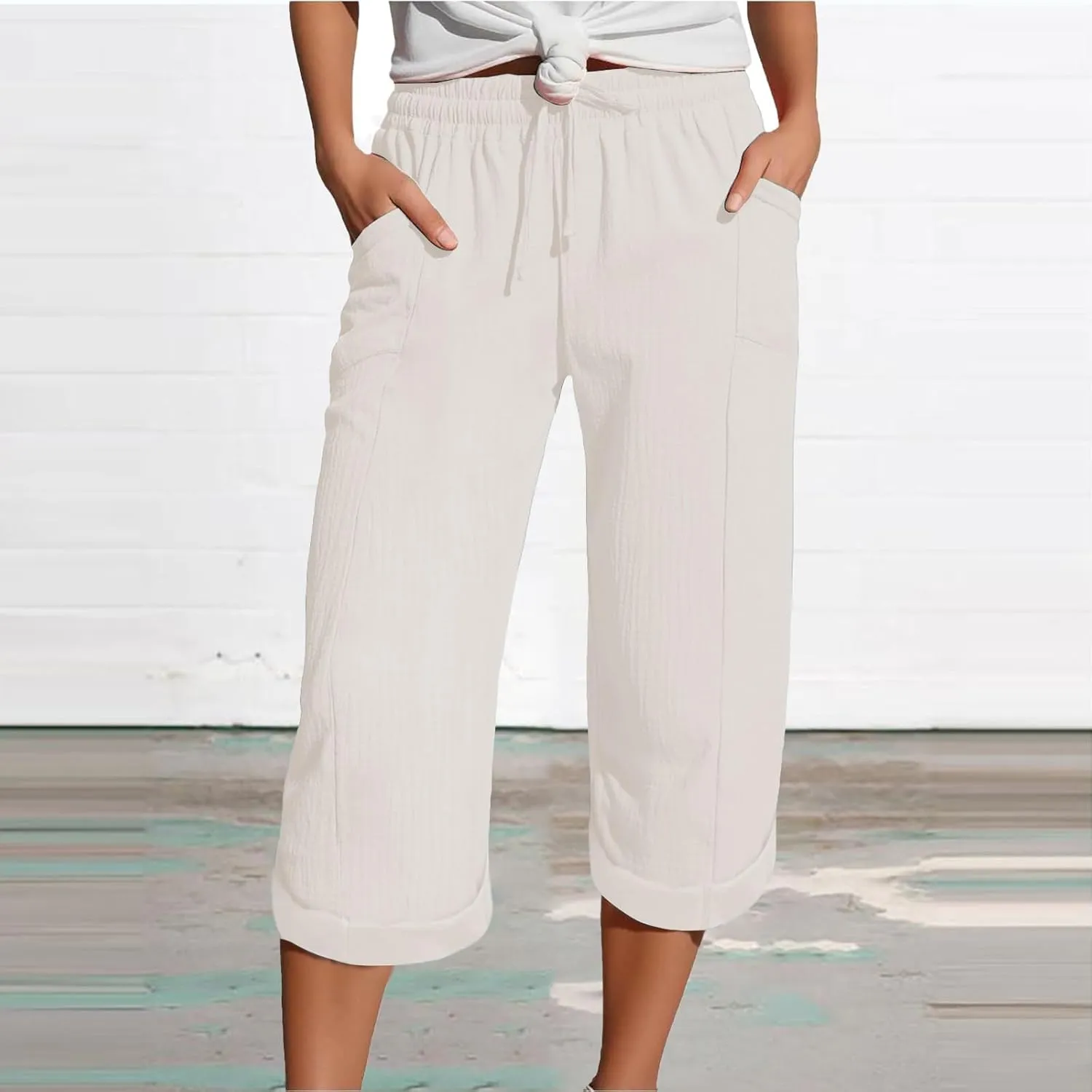 Womens Summer Capris Cotton Linen Sweat Pants Casual Loose Comfy Trendy Elastic Waist Cropped Trouser Beach Clothes