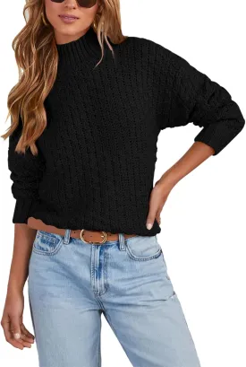 Women's Textured Mock Neck Knit Sweater Long Sleeve Turtleneck Sweater 2024 Fall Winter Chunky Knitted Pullover Jumper Tops