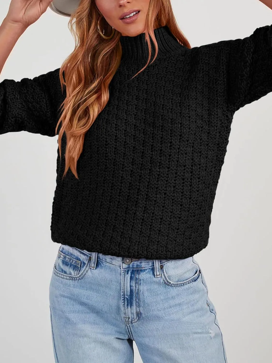 Women's Textured Mock Neck Knit Sweater Long Sleeve Turtleneck Sweater 2024 Fall Winter Chunky Knitted Pullover Jumper Tops