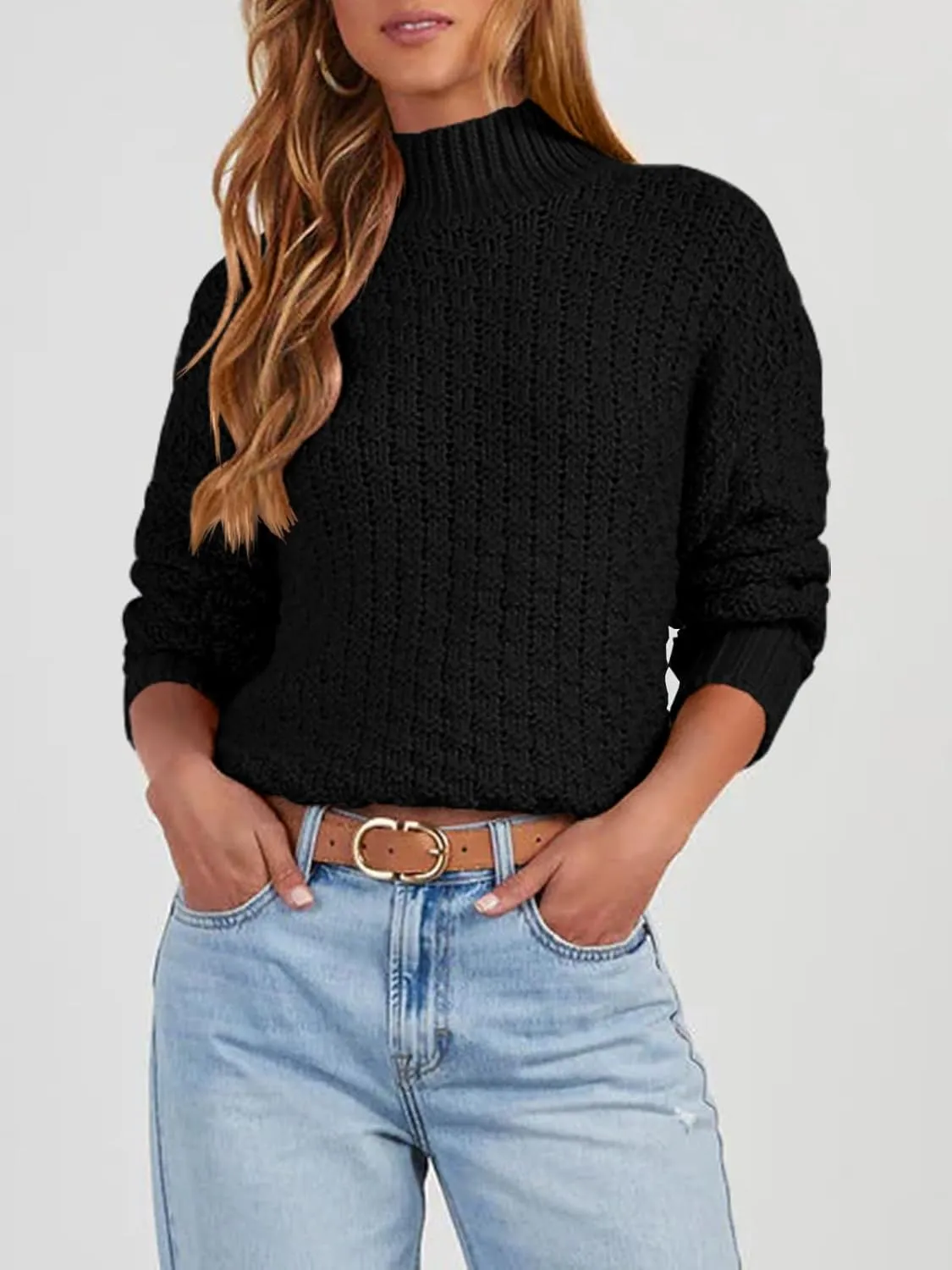 Women's Textured Mock Neck Knit Sweater Long Sleeve Turtleneck Sweater 2024 Fall Winter Chunky Knitted Pullover Jumper Tops