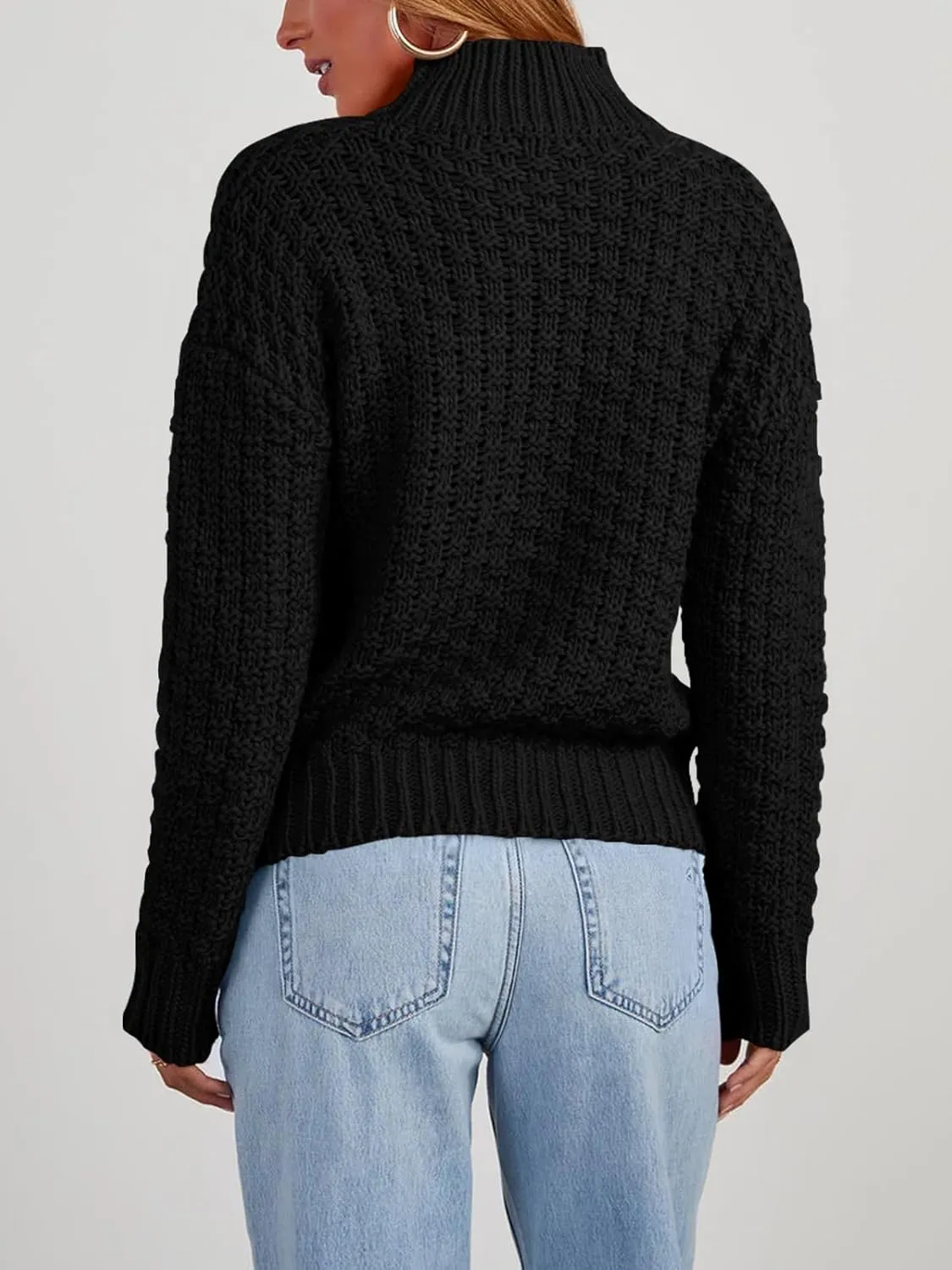 Women's Textured Mock Neck Knit Sweater Long Sleeve Turtleneck Sweater 2024 Fall Winter Chunky Knitted Pullover Jumper Tops