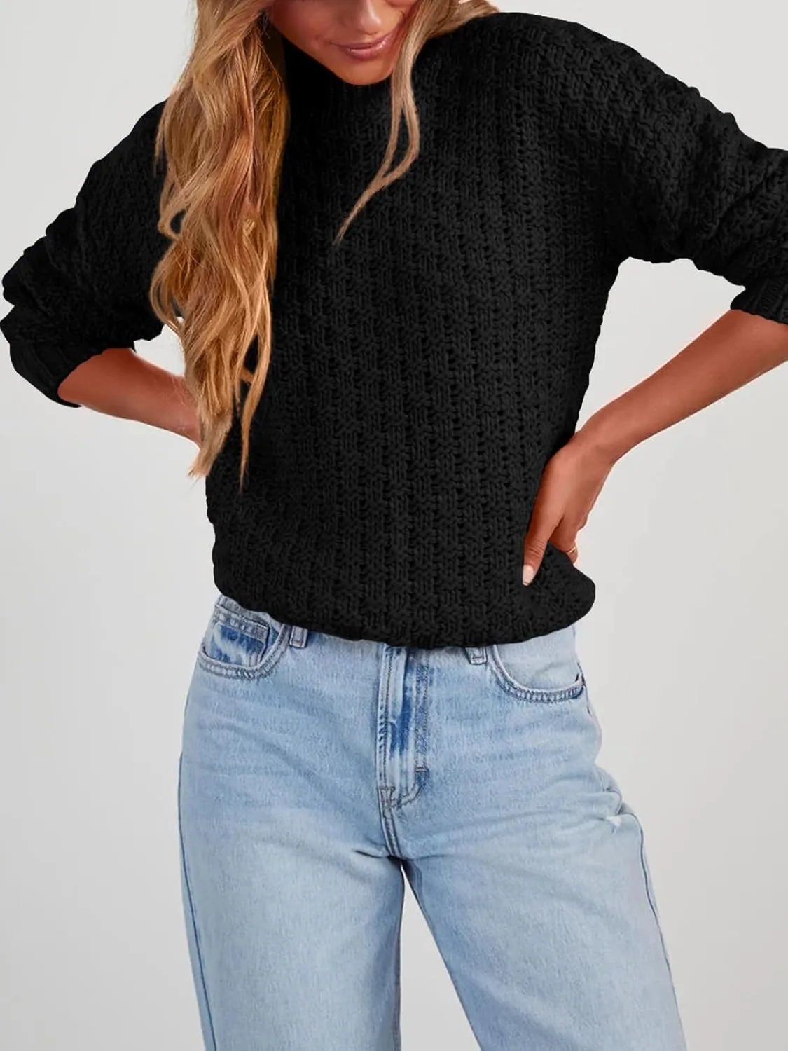 Women's Textured Mock Neck Knit Sweater Long Sleeve Turtleneck Sweater 2024 Fall Winter Chunky Knitted Pullover Jumper Tops