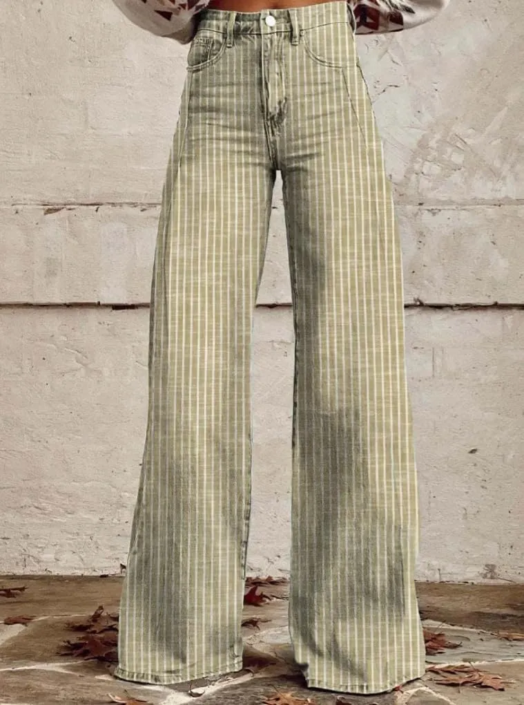 Women's Vintage Striped Bell Bottom Jeans Classic High Rise Wide Leg Baggy Denim Pants Boyfriend Jeans Pockets