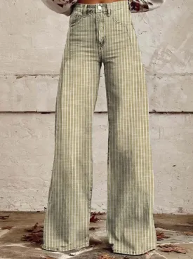Women's Vintage Striped Bell Bottom Jeans Classic High Rise Wide Leg Baggy Denim Pants Boyfriend Jeans Pockets